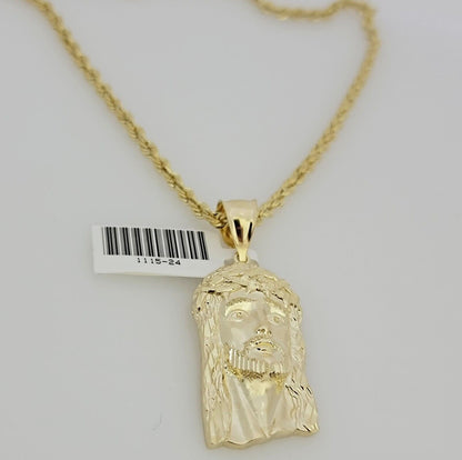 Real 10k Gold Rope Chain Jesus Face Charm Pendant Set 3mm Necklace 24 Inch SOLID