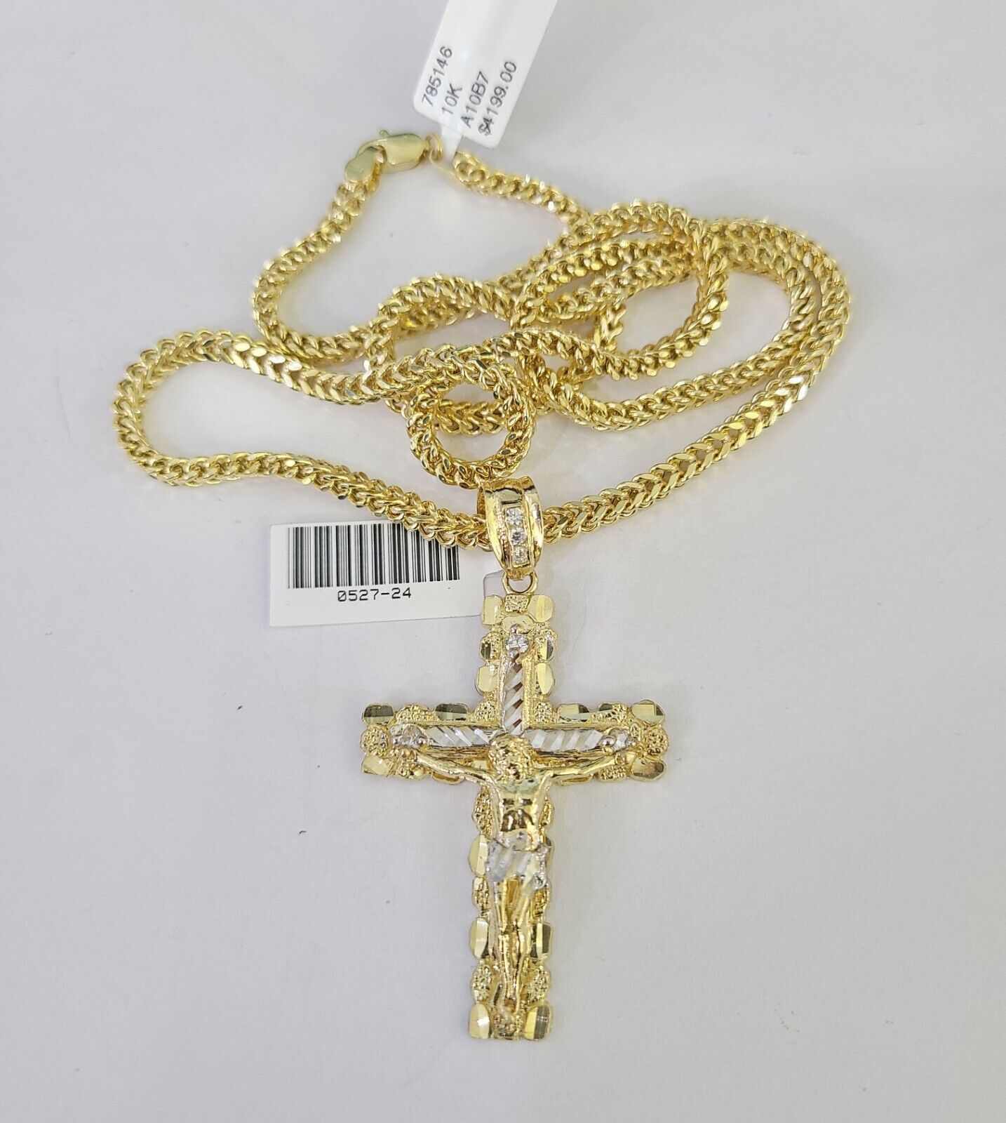 10K gold Franco chain necklace with Jesus cross pendant charm (20–26 inch, 3mm) by Reva Jeweler
