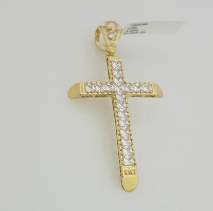 Real 10k Gold Chain Cross Charm Pendant Set Solid 4mm 22 Inch Rope Necklace Mens