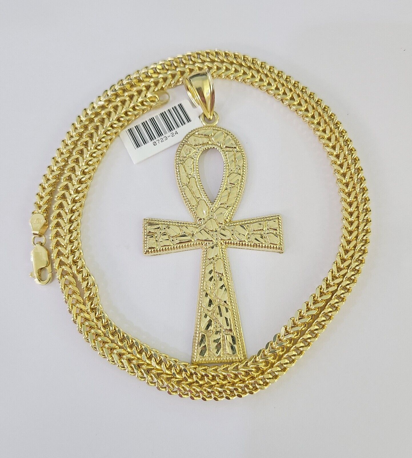 Detailed 4mm Franco chain with gold Jesus Ankh cross pendant design