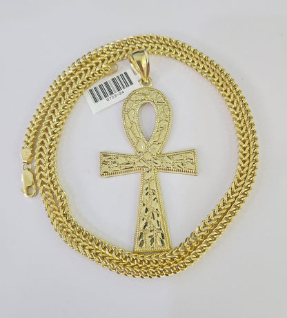 Detailed 4mm Franco chain with gold Jesus Ankh cross pendant design