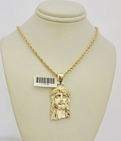 Real 10k Gold Rope Chain Jesus Face Charm Pendant Set 3mm Necklace 18"-26" SOLID