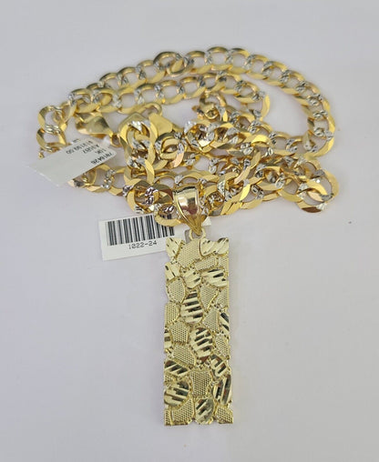 10k Gold Chain Nugget Charm Solid Cuban Curb Necklace 9mm 20"-30" SET