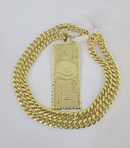 10K Miami Cuban Link Chain 100 Dollar Bill Pendent Charm 8mm 20"-30" Necklace
