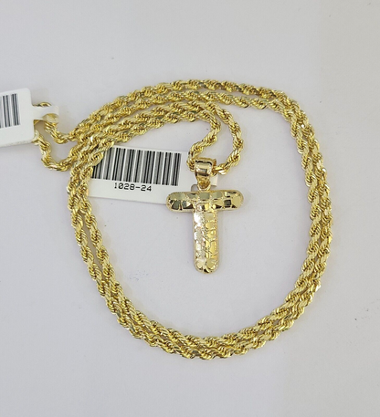 10k Gold Initial T Charm Rope Chain 16"-26" 2.5mm SET Necklace Alphabet Pendant