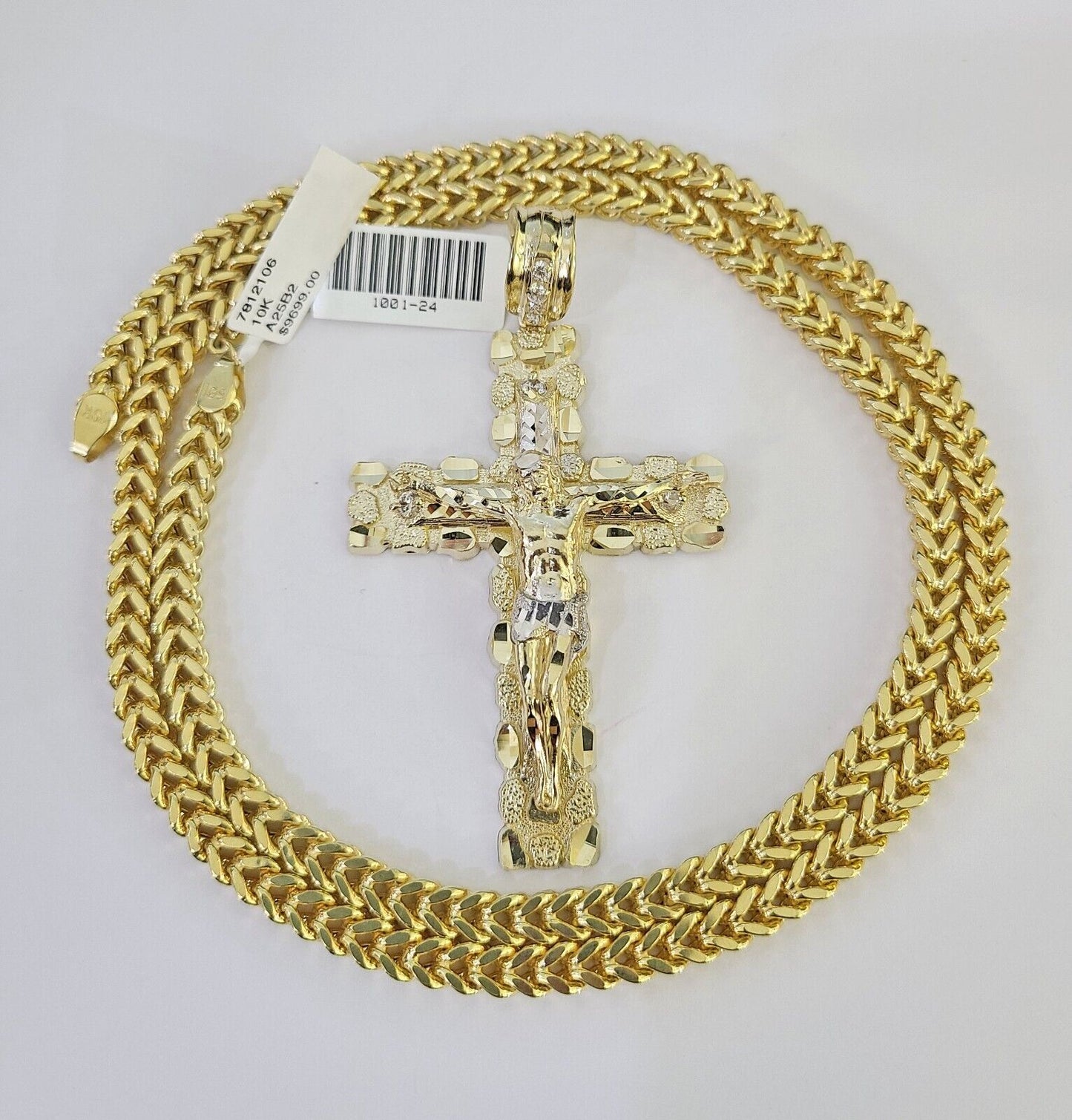 10K yellow gold Jesus cross pendant and Franco chain necklace set by Reva Jeweler