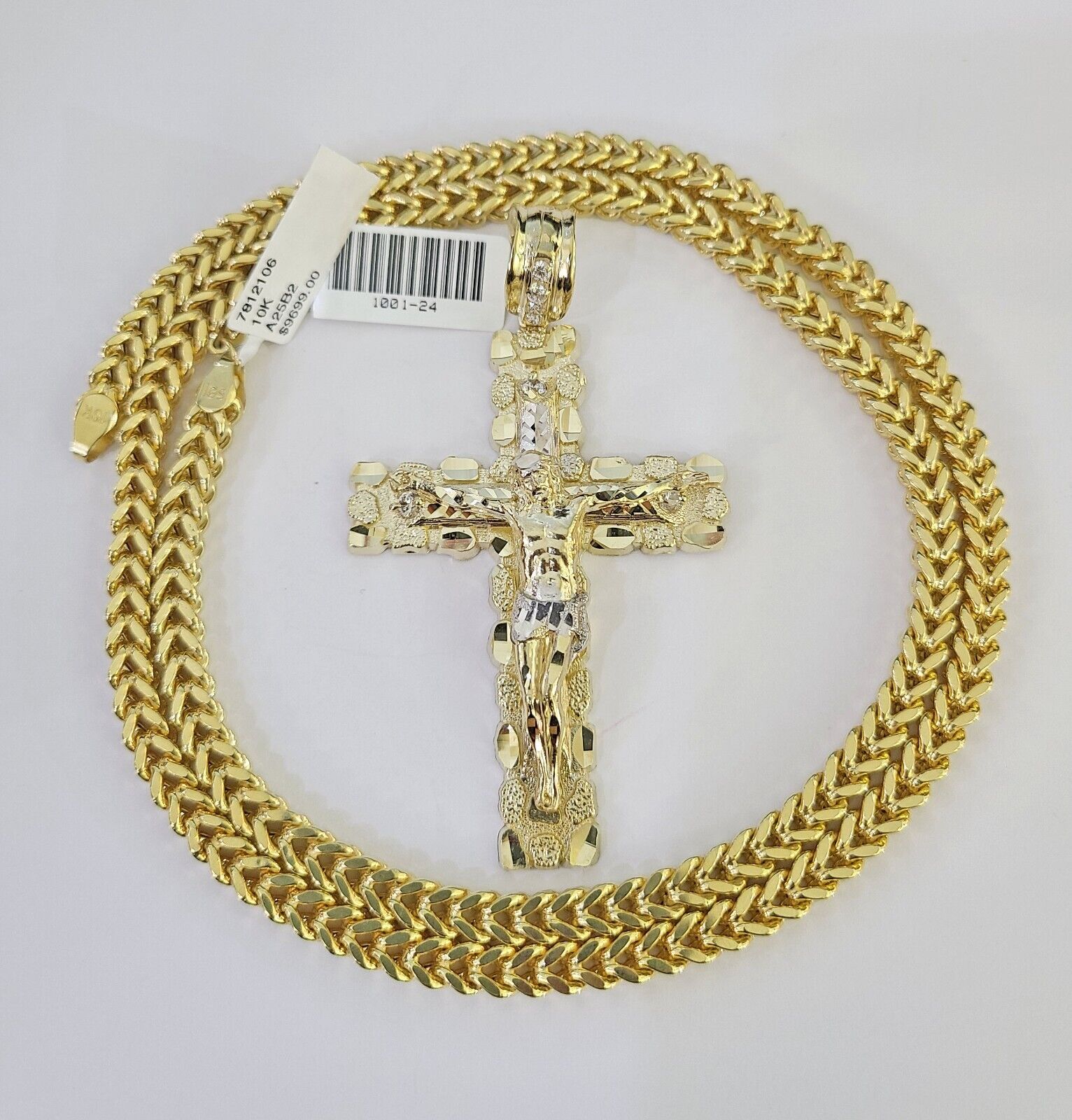 10K yellow gold Jesus cross pendant and Franco chain necklace set by Reva Jeweler