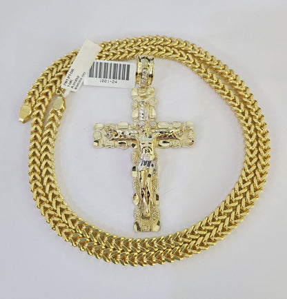 10K yellow gold Jesus cross pendant and Franco chain necklace set by Reva Jeweler