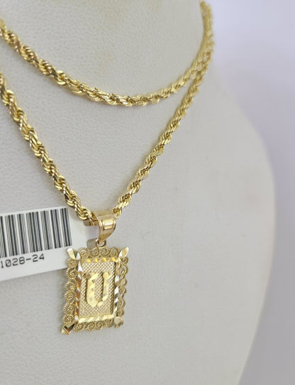 10k Gold Initial U Charm Rope Chain 16"-26" 2.5mm SET Necklace Alphabet Pendant