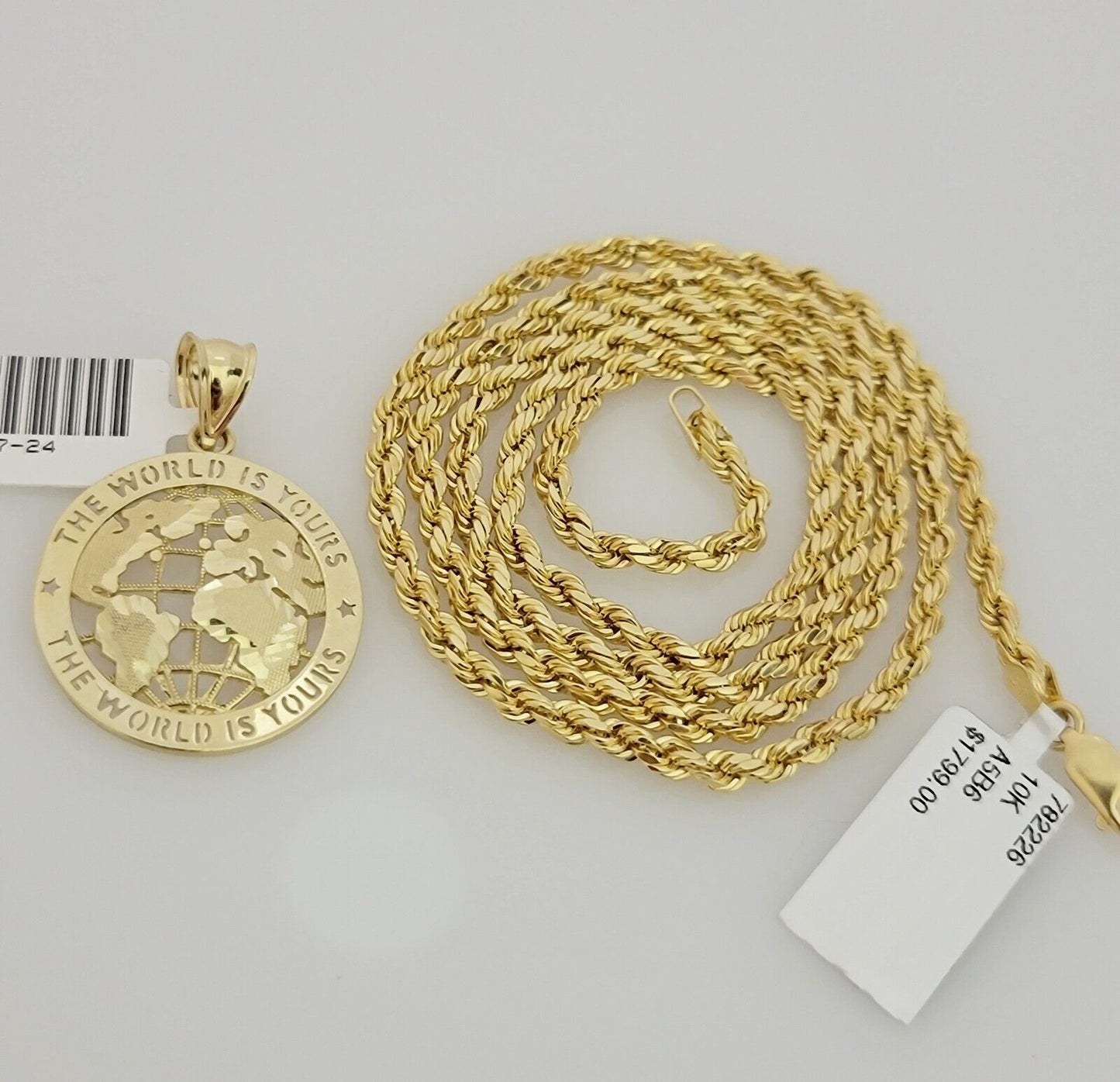 Real 10k Gold Chain Pendant SET World Is Your Charm  Rope Necklace 3mm 26 Inch