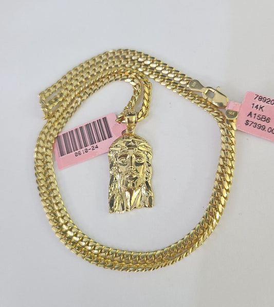 Real 14k Solid Chain Jesus Head Charm Set Miami Cuban 3mm Necklace Pendant