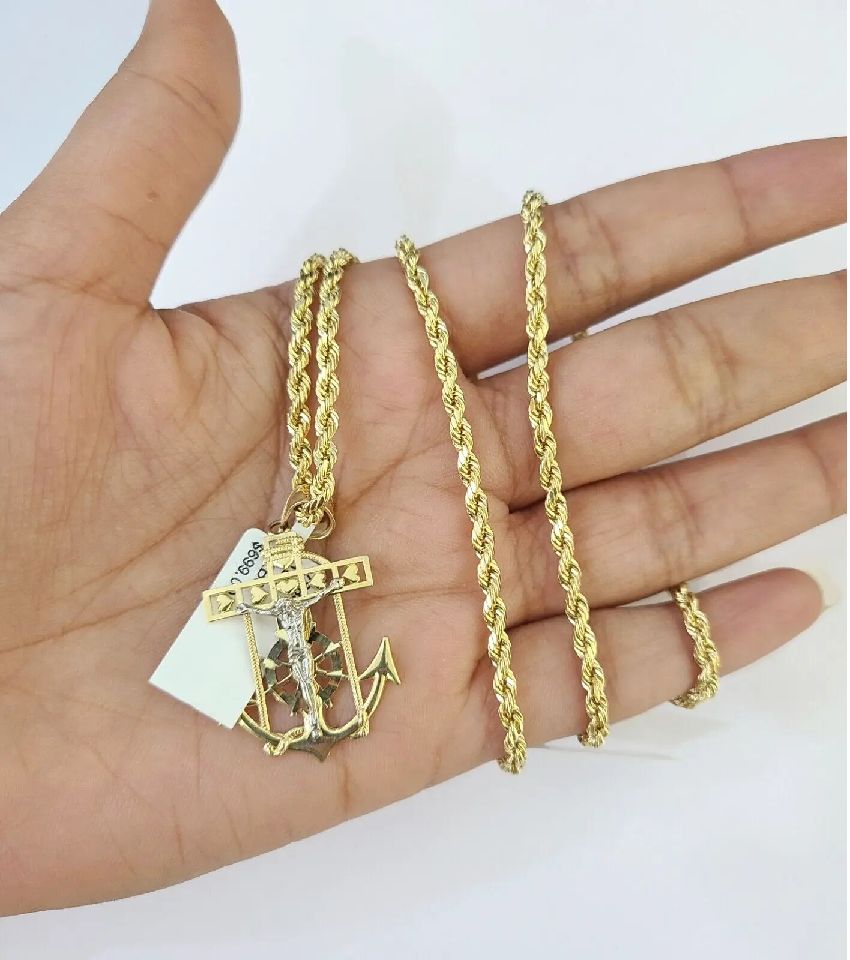 10K yellow gold eagle pendant necklace with anchor-style design