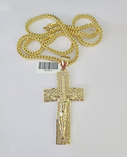 Full display of 10K yellow gold Franco chain with Jesus crucifix pendant