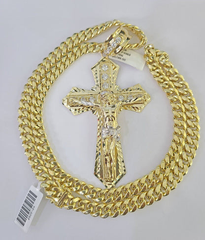10K Miami Cuban Link Chain Jesus Cross Pendent Charm 8mm 20"-30" Necklace Gold