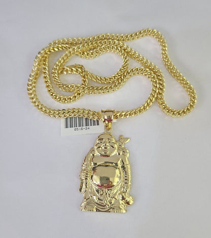 10K Franco Chain Laughing Buddha Pendant Charm Necklace 20"-28" 4mm Gold SET