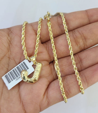 10k Gold Initial J Charm Rope Chain 16"-26" 2.5mm SET Necklace Alphabet Pendant
