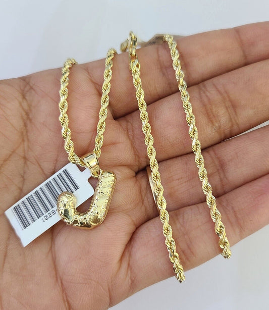 10k Gold Initial J Charm Rope Chain 16"-26" 2.5mm SET Necklace Alphabet Pendant