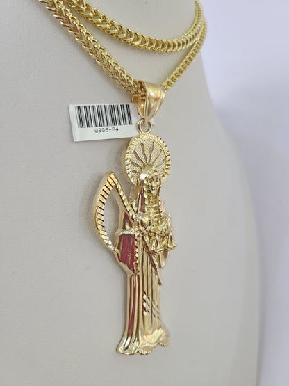 Front-facing view of Reva Jeweler 10K gold Saint Reaper pendant and chain