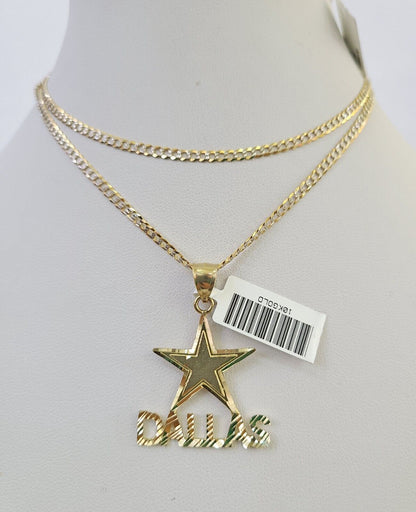 10k Solid Gold Cuban Curb Chain Dallas Star Pendant 2mm 18"-24" SET Necklace