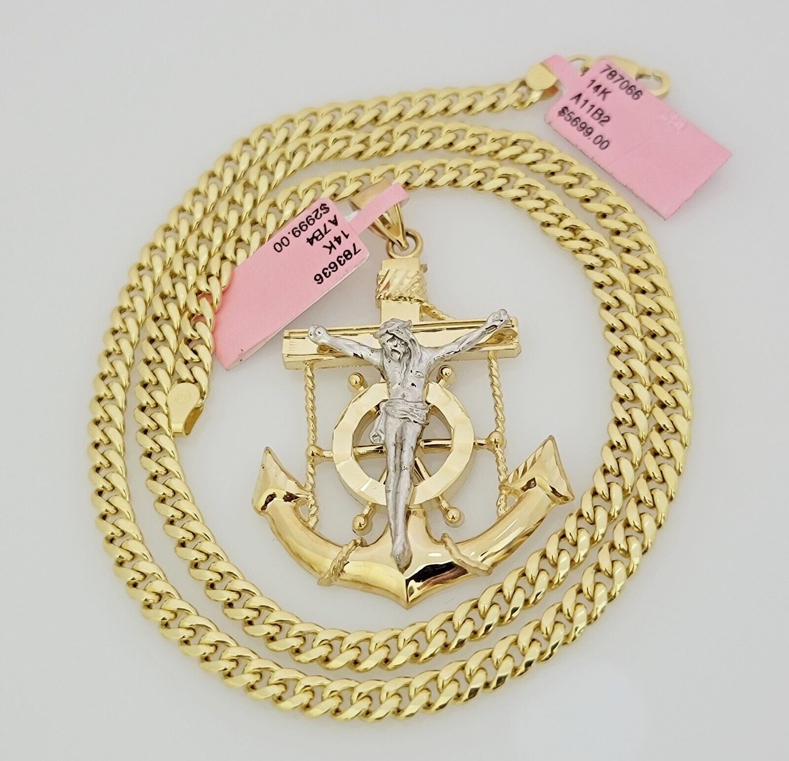 Real 14k Gold Pendant Chain SET Miami Cuban Link 5mm 26" Necklace Anchor Charm
