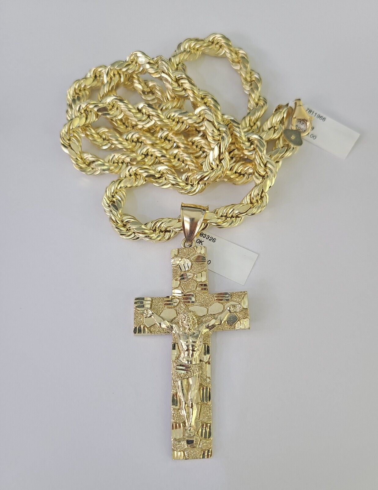 10K Yellow Gold Rope Chain Jesus Cross Pendant Set 8mm Men's Necklace 20–30 Inch Diamond Cut Religious Jewelry