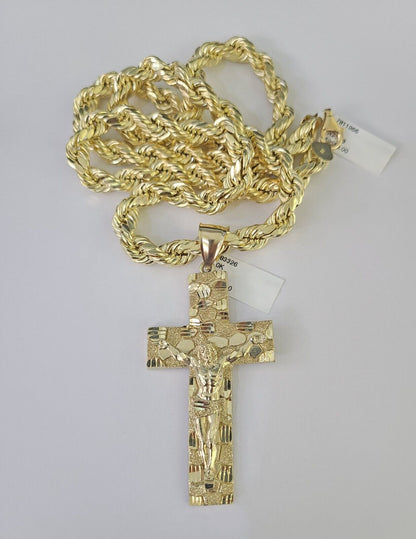 10K Yellow Gold Rope Chain Jesus Cross Pendant Set 8mm Men's Necklace 20–30 Inch Diamond Cut Religious Jewelry