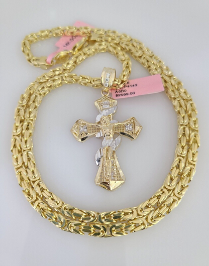 14K Gold Necklace Chain Jesus Spiral Cross Charm Turkish Byzantine 4mm 24"