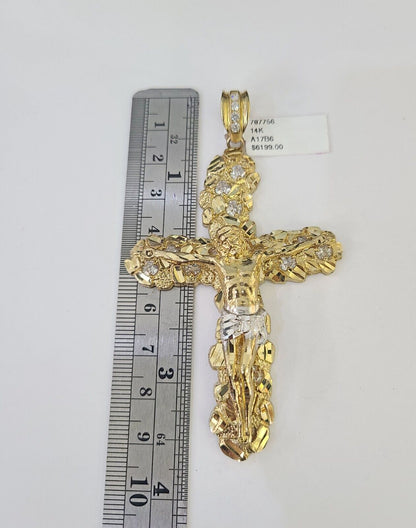 Real 14k Solid Chain Cross Charm Set Miami Cuban Link 6mm Necklace Pendant Gold