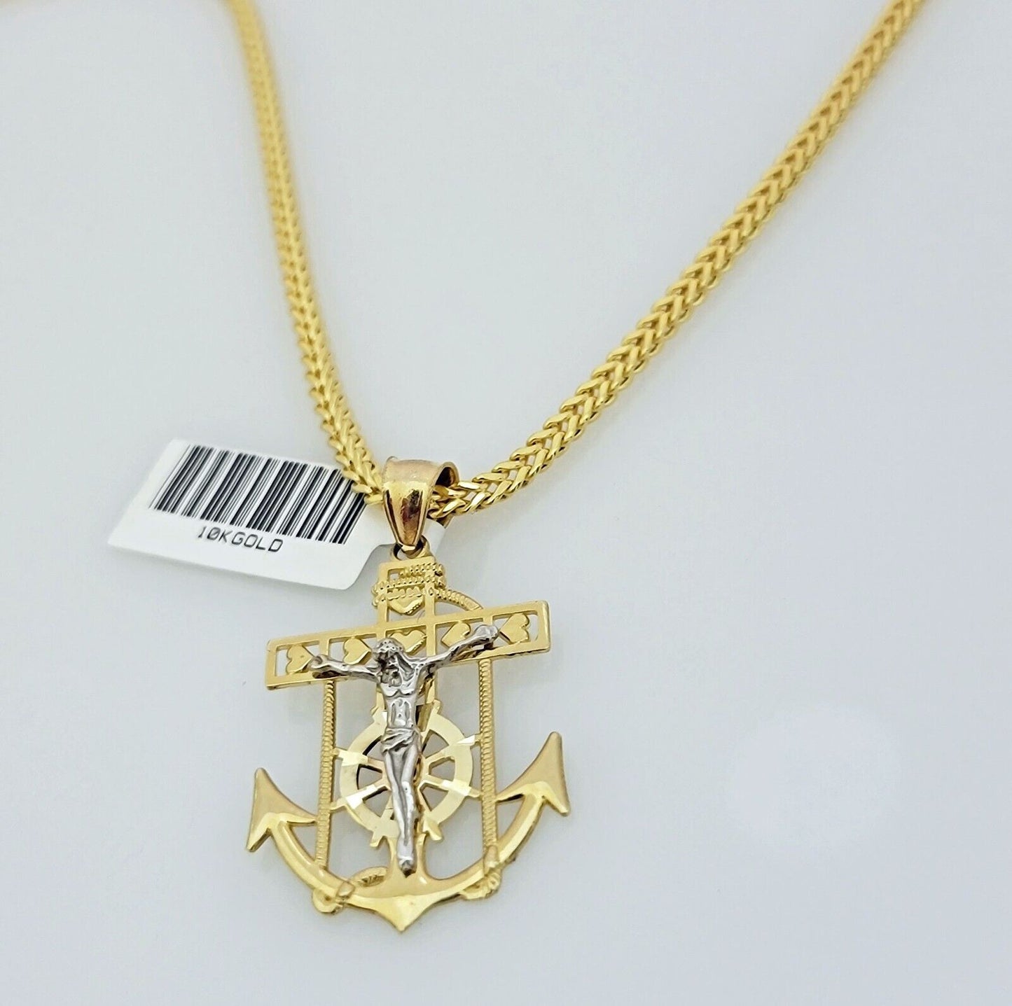 Real 10k Gold Franco Chain Anchor Cross Charm pendant Set 2.5mm Necklace 24 Inch