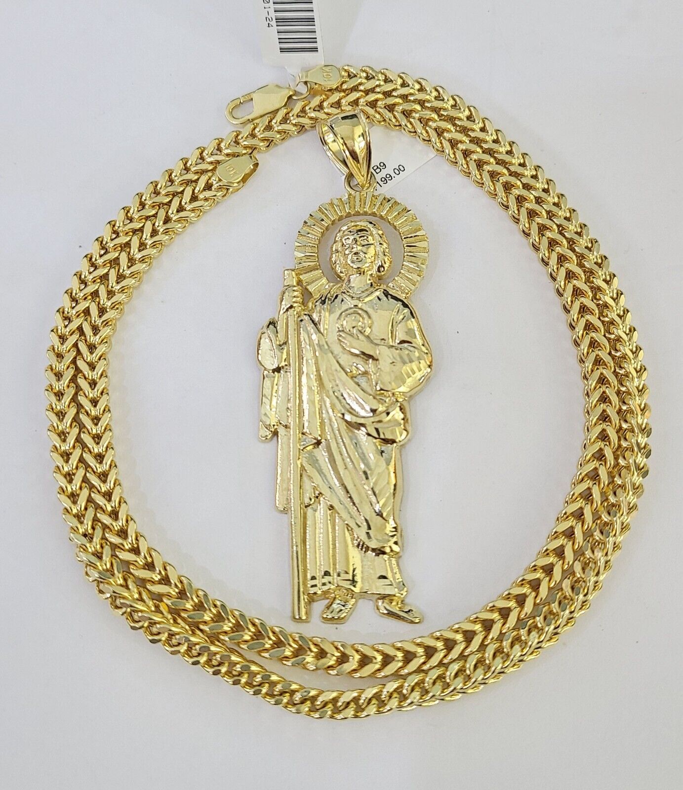 Front-facing view of Reva Jeweler 10K gold Saint Jude pendant and chain