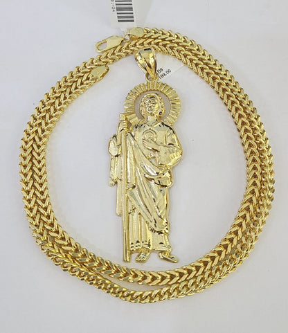 Front-facing view of Reva Jeweler 10K gold Saint Jude pendant and chain
