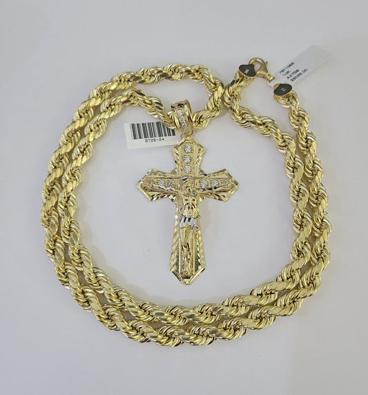 Real 10K Yellow Gold Jesus Cross Pendant with 8mm Rope Chain 20–30" Men's Religious Necklace