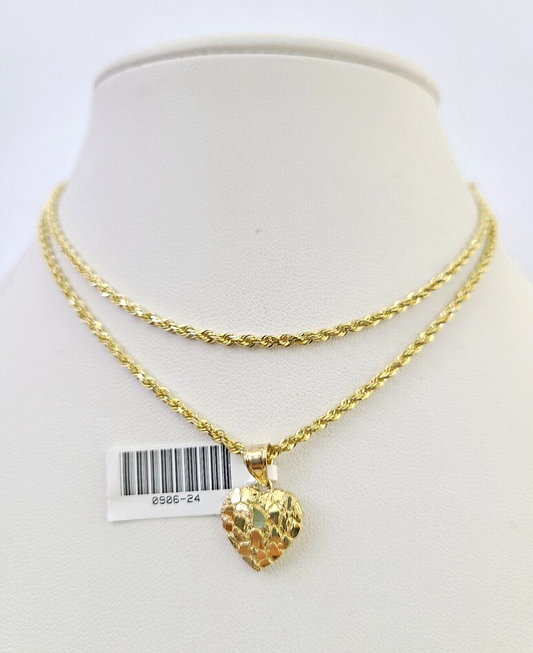 10k Solid Rope Chain 2mm Nugget Heart Pendant Charm Necklace SET 16"-22" Ladies