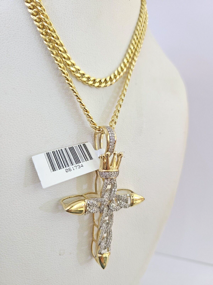 10k Miami Cuban Chain Diamond Jesus Cross Charm Set 4mm 18"-28" Necklace Gold