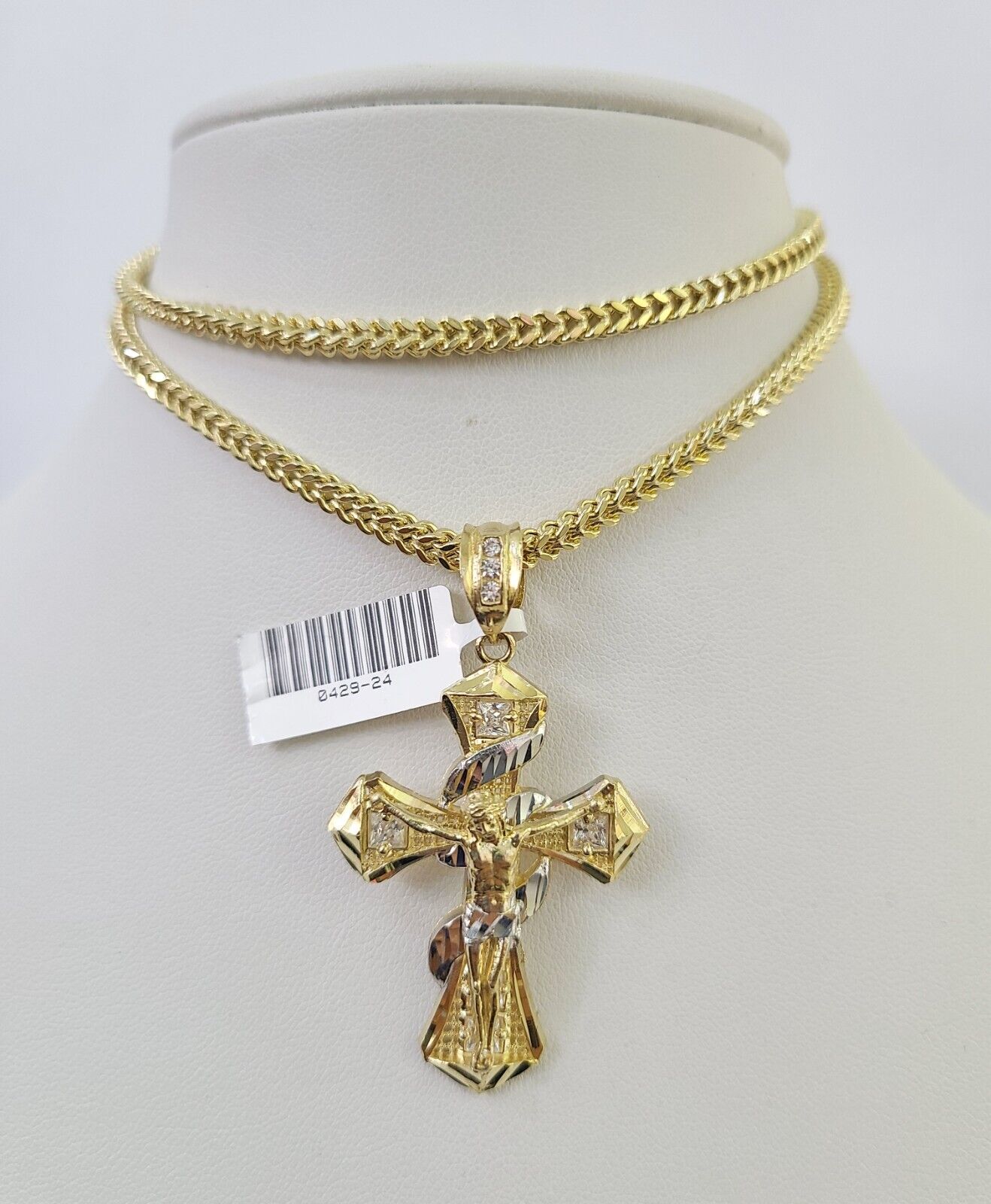 10K gold Franco chain necklace with Jesus cross pendant charm (20–26 inch, 3mm) by Reva Jeweler
