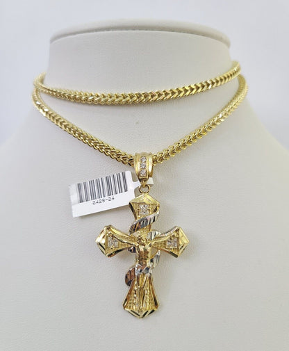 10K gold Franco chain necklace with Jesus cross pendant charm (20–26 inch, 3mm) by Reva Jeweler