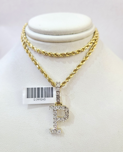10k Rope Chain P Diamond Initial Charm Necklace Pendant Set 2mm 18"-24" Gold