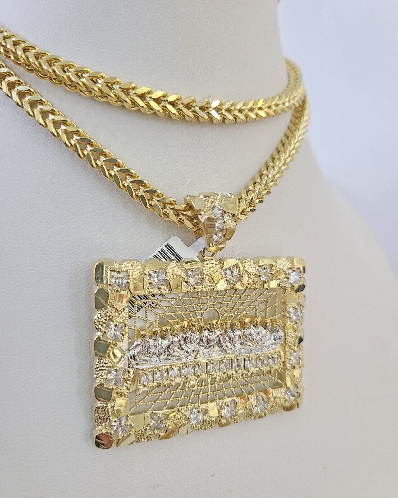 Real 10K Gold Franco Chain Last Supper Pendant Charm Necklace 20"-26" 5mm Gold SET