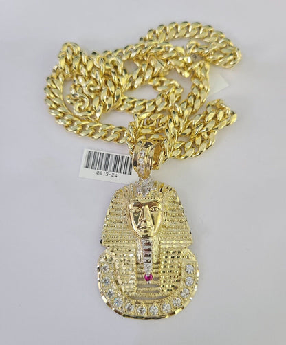 10K Miami Cuban Link Chain Pharaoh Pendent Charm 8mm 20"-30" Necklace Gold