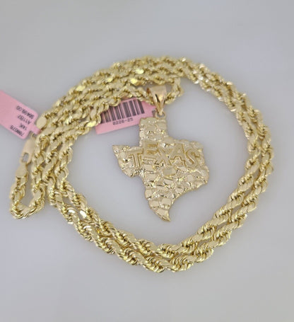 14k Gold Rope Chain Necklace Set 6mm Texas Map Charm Pendant 18"-28" inch