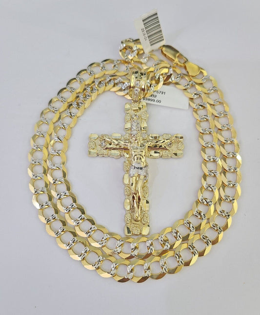 10k Gold Chain Cross Charm Solid Cuban Curb Necklace 9mm 20"-30" Diamond Cut SET