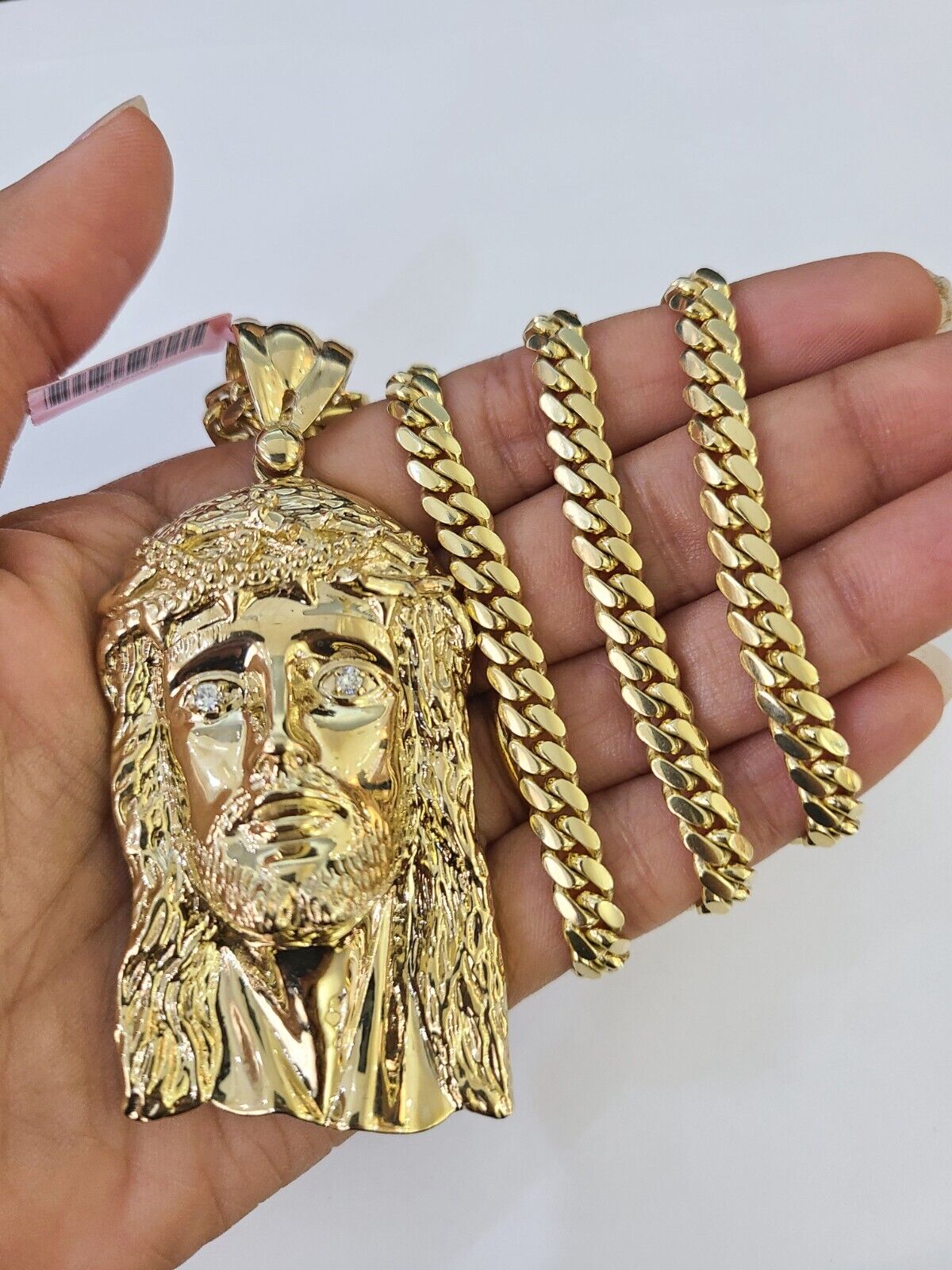Real 14k Solid Gold Chain Jesus Head Pendant Charm SET Miami Cuban Link 6mm Necklace