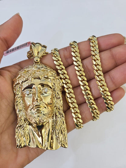Real 14k Solid Gold Chain Jesus Head Pendant Charm SET Miami Cuban Link 6mm Necklace