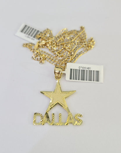 10k Solid Gold Cuban Curb Chain Dallas Star Pendant 2mm 18"-24" SET Necklace
