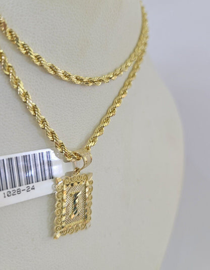 10k Gold Initial I Charm Rope Chain 16"-26" 2.5mm SET Necklace Alphabet Pendant