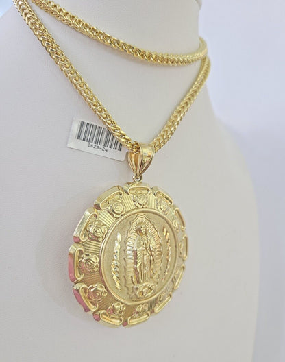 Front-facing view of Reva Jeweler 10K gold Jesus and Virgin Mary pendant and chain