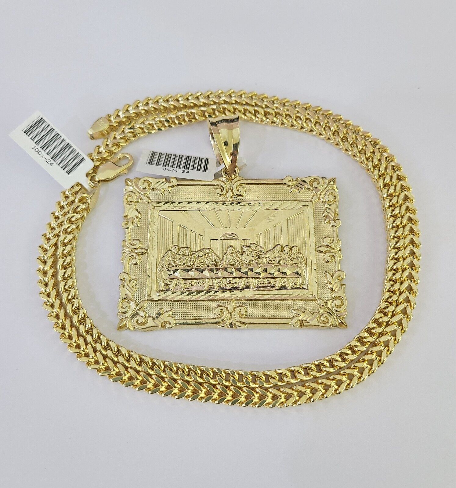 10K yellow gold Last Supper pendant and Franco chain necklace set by Reva Jeweler