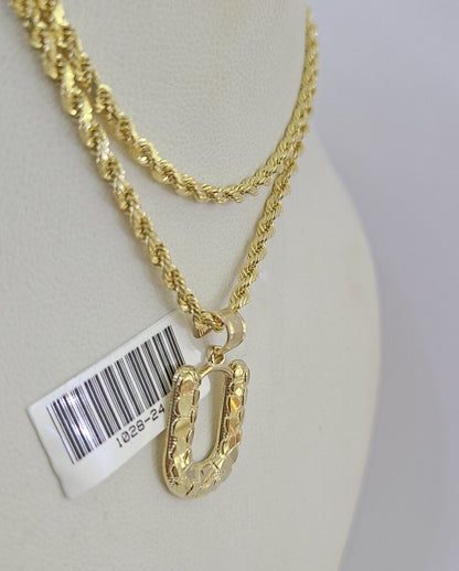 10k Gold Initial U Charm Rope Chain 16"-26" 2.5mm SET Necklace Alphabet Pendant