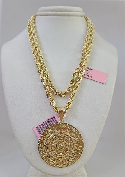 14k Gold Rope Chain Necklace Set 6mm Mayan Calendar Charm Pendant 18"-28" inch