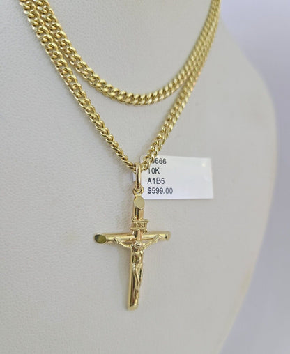 10K Gold Miami Cuban Chain INRI Jesus Cross 18"-28" 3mm Pendant Necklace SET
